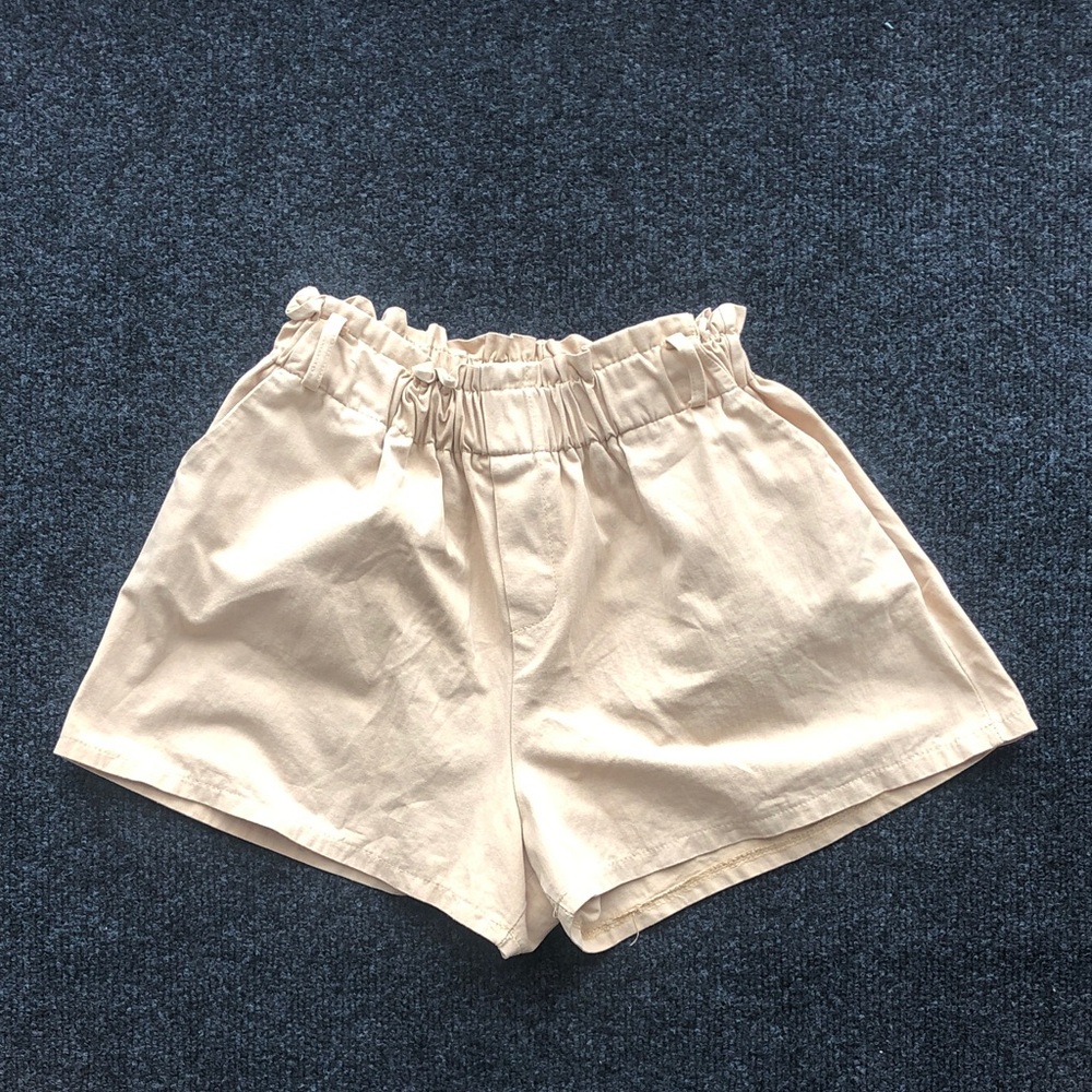 High-Waist Paperbag Cotton Shorts in Beige